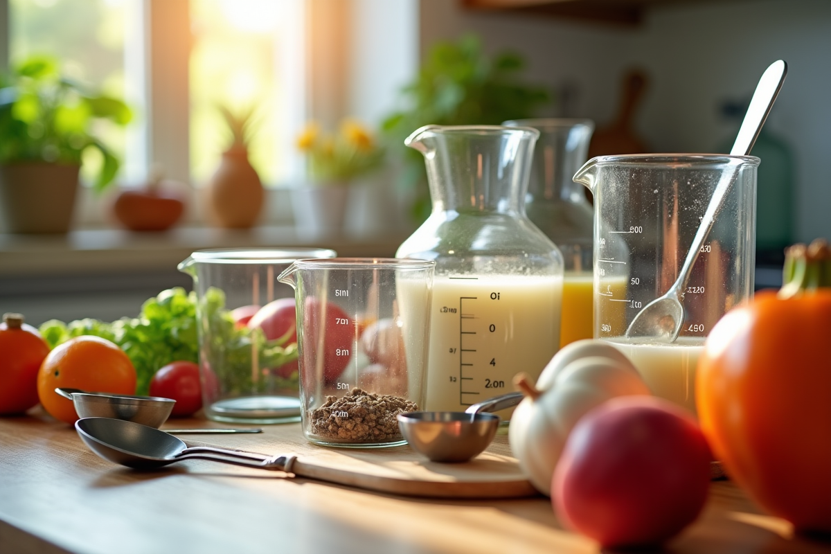 Ustensiles de cuisine avec ingrédients frais sur une table en bois
