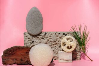 Éponge de konjac présentée sur des podiums en pierre naturelle
