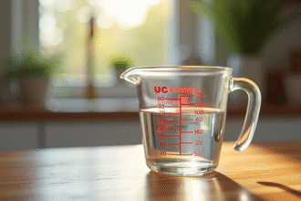 Verre mesureur rempli d'eau sur plan de cuisine lumineux