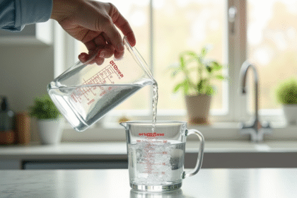 Main versant de l'eau dans un verre doseur lumineux