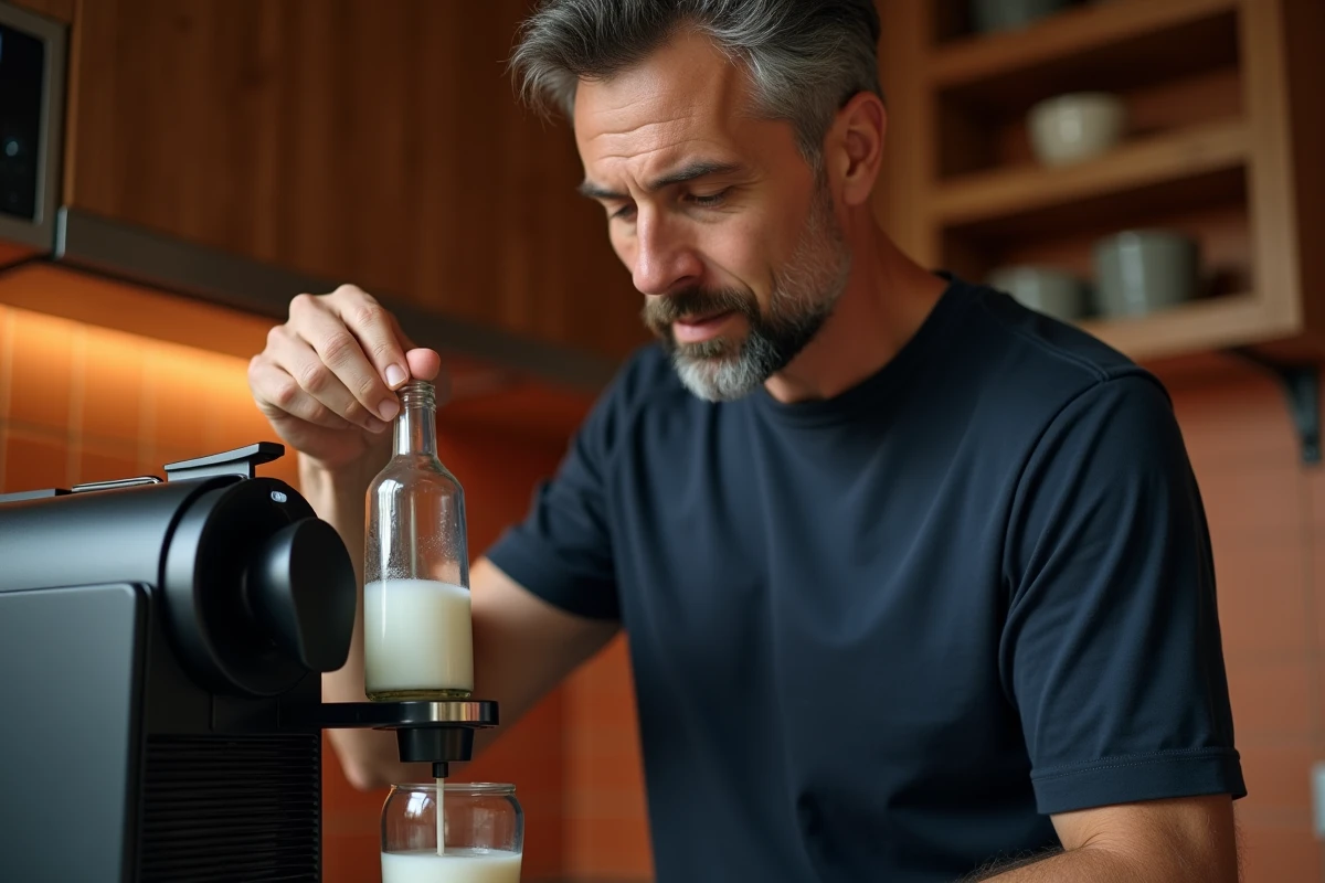 Homme versant du vinaigre blanc dans le réservoir d'eau d'une machine Nespresso Magimix pour détartrage