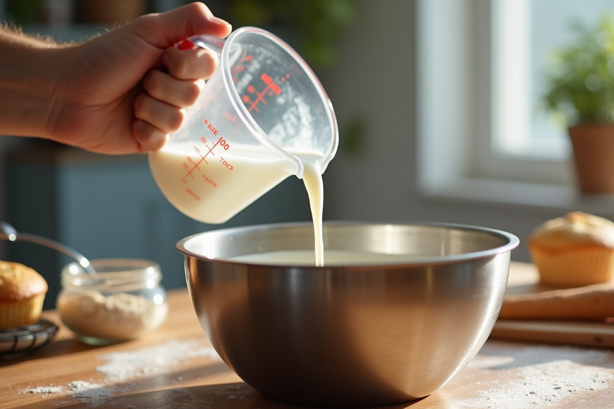 Main versant du lait dans un bol en acier inoxydable