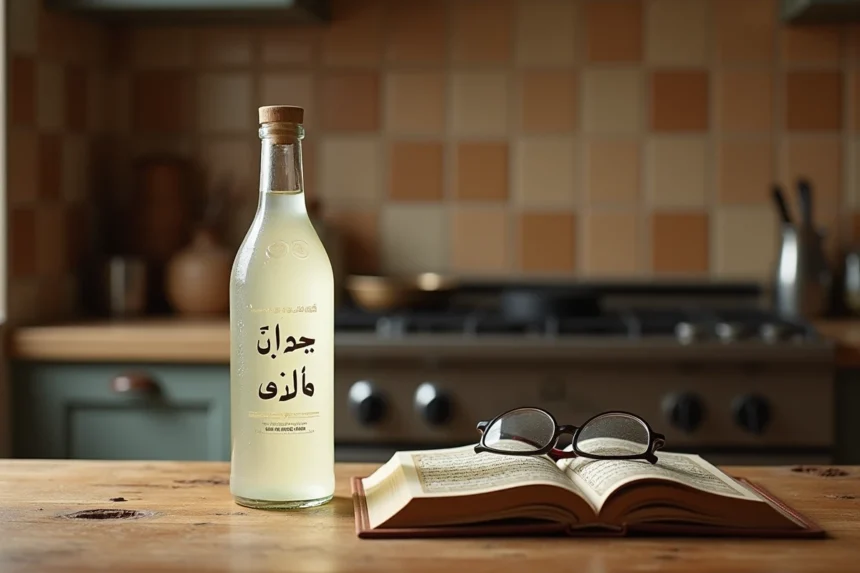 Bouteille de vinaigre d'alcool blanc avec un Coran ouvert sur un comptoir en bois, évoquant la question de la licéité halal