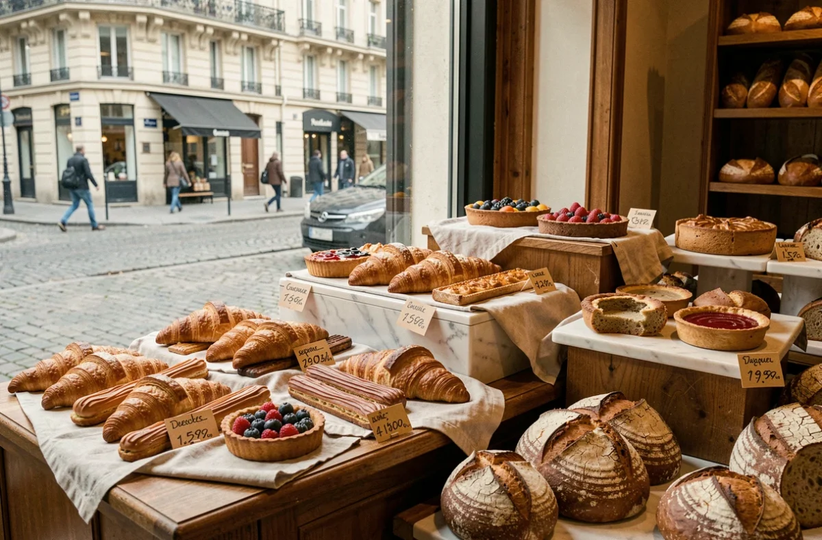 Vitrine de boulangerie artisanale en Île-de-France avec assortiment de viennoiseries et pains sur présentoirs en bois et marbre
